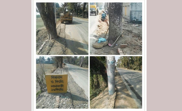 বিশ্বনাথ-রশিদপুর সড়কের উপর গাছ ও বৈদ্যুতিক খুটি রেখে চলছে প্রশস্তকরণ কাজ