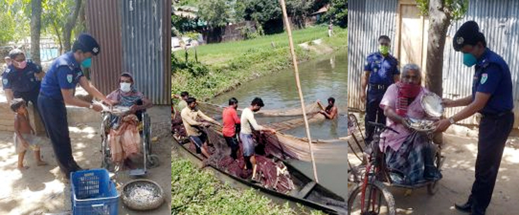 কোম্পানীগঞ্জ থানার পুকুরের মাছ ধরে অসহায়দের বাড়ি বাড়ি নিয়ে গেলেন ওসি সজল কানু