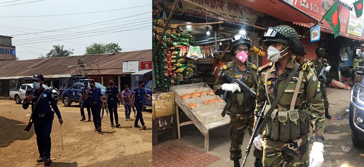 গোয়াইনঘাটে করোনা সতর্কতায় মাঠে পুলিশ-সেনাবাহিনী