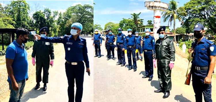 সুনামগঞ্জ জেলার প্রবেশপথ গোবিন্দগঞ্জে যানবাহনে পুলিশের তাপমাত্রা পরীক্ষা