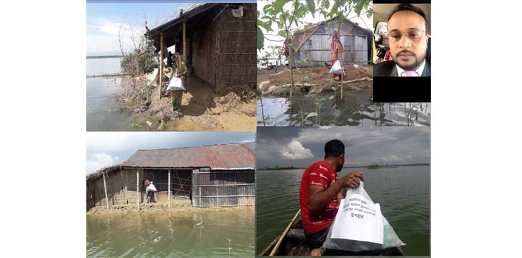 গোয়াইনঘাটে যুক্তরাষ্ট্র প্রবাসী হেলালের পক্ষে পানিবন্দি মানুষের মাঝে ত্রাণ সহায়তা
