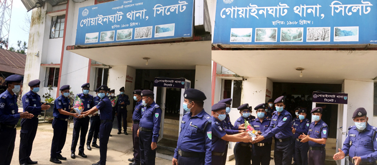 গোয়াইনঘাটে করোনা জয়ী পুলিশ সদস্যদের ফুলেল সংবর্ধনা