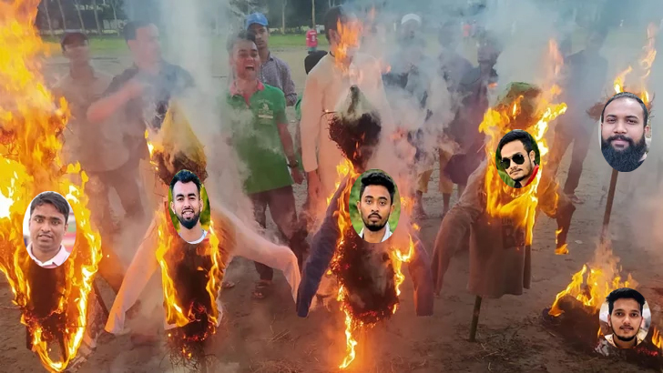 সিলেটে ছয় ধর্ষকের কুশপুত্তলিকা দাহ
