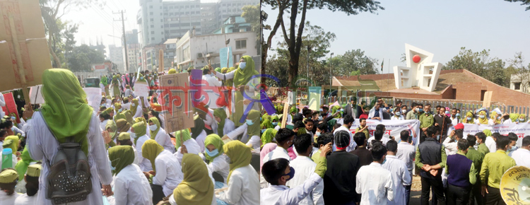 সিলেটে নার্সিং শিক্ষার্থীদের মানববন্ধন ও বিক্ষোভ