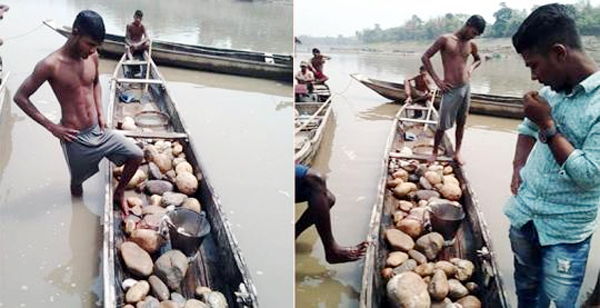 জাফলংয়ে পানি উন্নয়ন বোর্ডের বাঁধ ভেঙ্গে পাথর উত্তোলন, হুমকির মুখে স্থানীয়রা